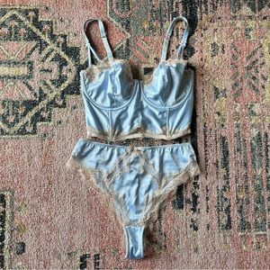 Victorias Secret Blue Satin Lace Corset & Thong